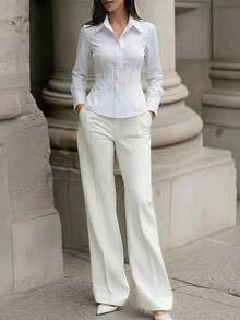 1 pieza Camisa de manga larga de ajuste delgado, elegante y casual con botones de un solo color, adecuada para la oficina, el hogar, el uso diario y las citas, todo el año, color blanco primaveral - Azul cielo - Ver 7
