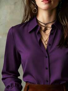 Kemeja Lengan Panjang Wanita Warna Polos Elegan, Blus Kasual Serbaguna untuk Semua Musim - Purple - View 3