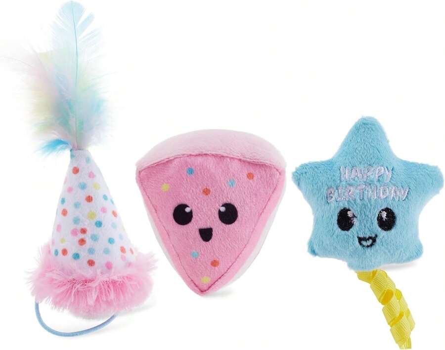 Catstages Happy Purrthday Cat Toys, 3-Pack Catnip Plush Toys With Crinkle, Feathers &Amp; Dental Mesh, Multicolored - ColorC - 查看 1