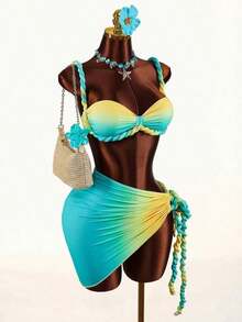 Conjunto de traje de baño de 3 piezas con detalles de lino para mujer, que incluye bikini y cubre con lino, adecuado para vacaciones en la playa y uso diario, sexy, lindo, elegante, nueva llegada - Multicolor - Ver 5