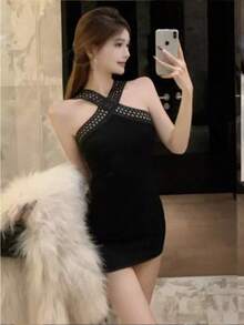 Autumn And Winter New Style Hollow String Inner Dress Women's High-End Light Luxury Sexy Pure Bucket Desire Hot Girl Hip Cover Short Skirt - Black - View 4