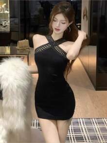 Autumn And Winter New Style Hollow String Inner Dress Women's High-End Light Luxury Sexy Pure Bucket Desire Hot Girl Hip Cover Short Skirt - Black - View 5