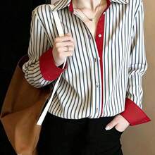 Camisa de mujer de manga larga con cuello, con ribete de contraste rojo, bajo asimétrico, camisa polo de rayas azul marino y rojo, elegante y casual francesa, para uso diario en primavera, color blanco - Verde - Ver 6