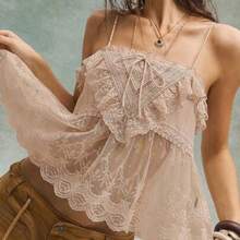 Camiseta sin tirantes de unicolor con volantes tejidos para mujer, estilo casual boho para vacaciones, San Valentín, festivales de música - Albaricoque - Ver 1
