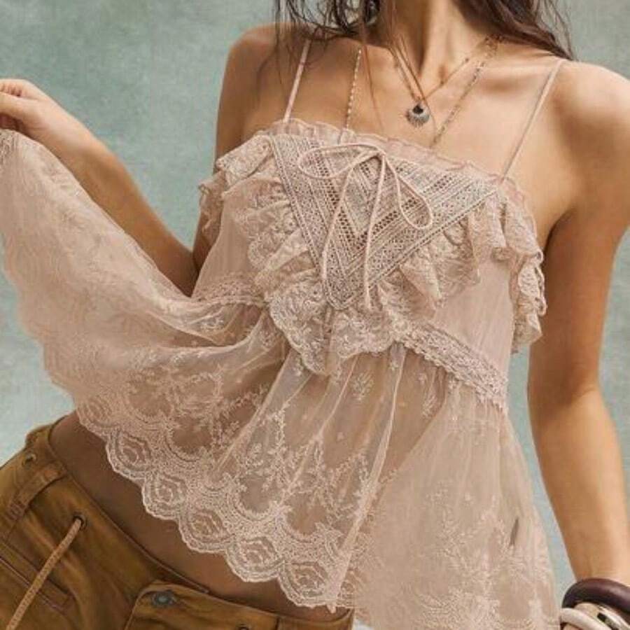 Camiseta sin tirantes de unicolor con volantes tejidos para mujer, estilo casual boho para vacaciones, San Valentín, festivales de música - Albaricoque - Ver 1