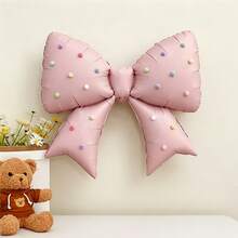 1pc Large Pink Bow Foil Balloon With 20pcs Colorful Pom Pom Stickers, Suitable For Wedding, Birthday Party Decoration, Baby Shower - View 3