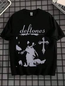 Camiseta de manga corta para hombre 2026, camiseta de algodón puro con estampado, estampado clásico de rock de los Deftones, camiseta vintage de manga corta holgada con estampado de cruz, estilo Y2K, tallas grandes para hombre S-5XL, camiseta de verano, casual y holgada de manga corta. - Negro - Ver 1