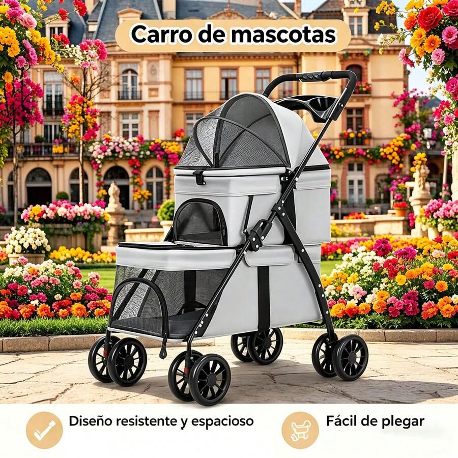 Double Pet Stroller Lightweight Foldable Dog & Cat Stroller - Gris - Ver 1