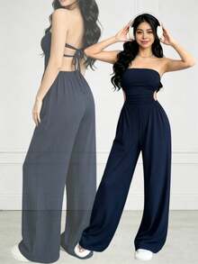 Women's Off-The-Shoulder And Open-Back Jumpsuit For Summer - Black - View 1