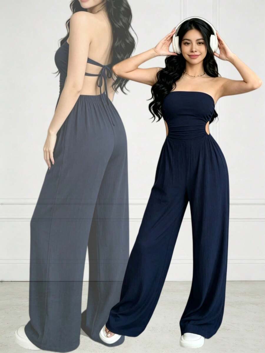 Women's Off-The-Shoulder And Open-Back Jumpsuit For Summer - Black - View 1