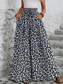 Pantalones de Pierna Ancha con Cintura Elástica y Estampado para Mujer - Estampado de leopardo azul - Ver 2