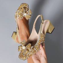 Fashionable Silver Rhinestone Slingback High Heels, Elegant Versatile Street Style Commuter Women's Bow Square Toe Shoes - Gold - View 4