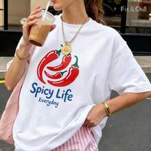 Women's T-Shirt Spicy Life Everyday Red Chilies Short Sleeve Crew Neck Casua Suitable For Spring And Summer - White - View 1