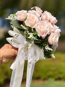 10-Inch Heart Crystal Bridal Bouquet, Lace Bow Silk Rose Wedding Ceremony Prop, Graduation Prom Gift - Multicolor - View 8