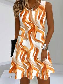 . New Orange And White Wave Pattern Sleeveless Dress For Women Artistic Print Commuting Shopping Date Versatile Dress - Màu hỗn hợp - Xem 1
