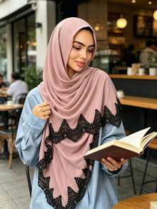 1pc Romantic Lace Trim Chiffon Muslim Hijab Scarf For Abaya - Multicolor - View 2