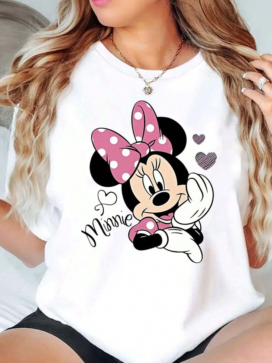 Minnie Mouse With Pink Bow And Hearts Print Disney Women T Shirt Round Neck Short Sleeve Casual Daily Wear For Spring Summer Soft Comfortable 220g - trắng - Xem 1