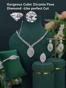 5pcs Luxury Series Royal Style Large Geometric Design Bridal Wedding Set, Handmade Inlaid White Cubic Zirconia, Includes Necklace, Bracelet, Earrings, Ring, Suitable For Daily Wear And Wedding, Wedding Anniversary Gift. (High-End Gift Box Packaging) Free - Geometric Shape Set - View 4