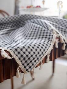 Tokoto Black Gingham Tablecloth With Tassel Fringe, Farmhouse Cotton Linen Table Cover For Dining Table, Nightstand & Coffee Table Decor, Rustic Boho Plaid Style - Black and White - View 11