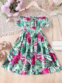 Tween Girl Summer Floral Printed Ruffle Hem Spaghetti Strap Casual Dress - Green - View 2