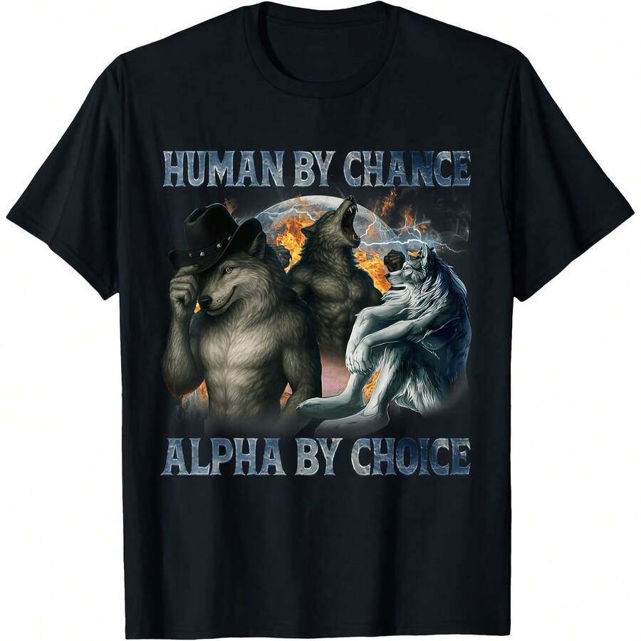 Human By Chance Alpha By Choice Funny Alpha Male Wolf Meme T-Shirt - Black - View 1