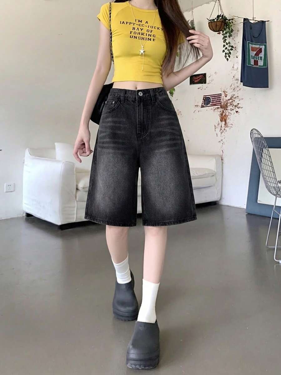 女款素色休閒口袋磨損鈕扣毛邊高腰牛仔短褲,適合春秋黑色夏季 - 黑色 - 查看 1