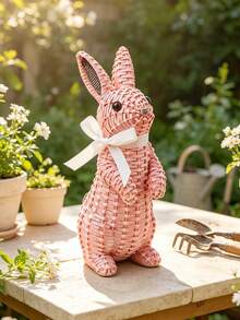 1pc Rabbit Figurine With White Ribbon - Farmhouse Style Easter Spring Home Decor, Cute Rabbit Statue For Desk, Suitable For Living Room, Bookshelf, Fireplace, Ideal Gift For Rabbit Lovers And Housewarming - Pink - View 7