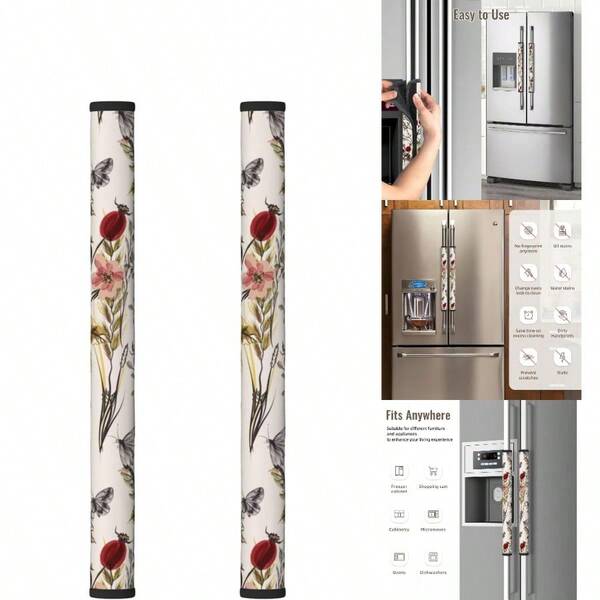 Retro Plants And Flowers Refrigerator Door Handle Covers Set Of 2 Washable Kitchen Appliance Handle Covers Protector Fridge Microwave Stove Oven Dishwasher