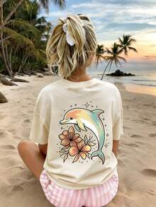Women's Cream Loose Oversized T-Shirt, Gradient Macaron Color Dolphin, Hibiscus, Star Back Print, Short Sleeve Crew Neck, Soft Summer Beach Vacation Top - Apricot - View 8