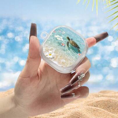 1PC Transparent Earphone Case, Beach Sea Turtle Floral Pattern Earphone Cover Compatible With Calaxy Buds2pro Protective Case, FE Earphone Protective Case, Live Soft Shell Luxury Fashion Calaxy Buds Pro Earphone Case