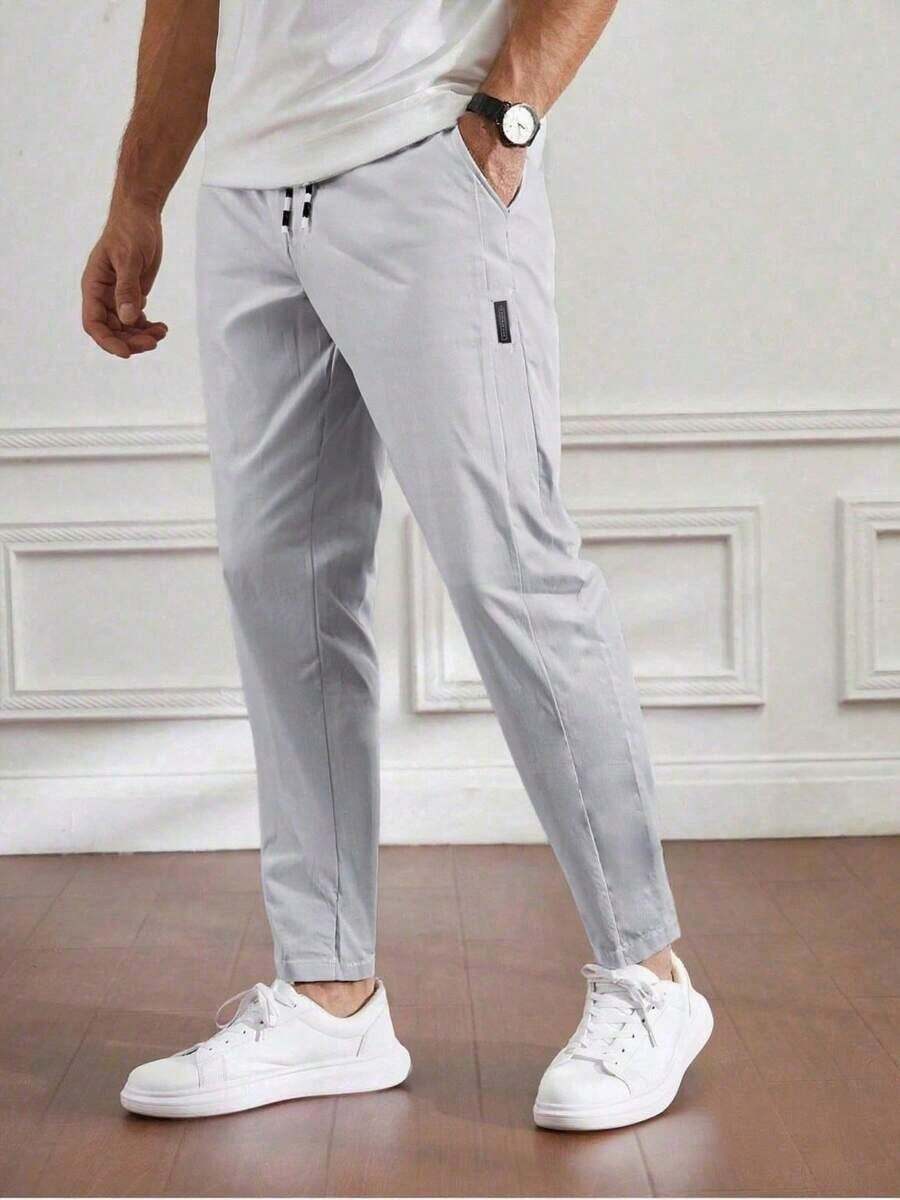 Pantalones ligeros de verano para hombre con cordón en la cintura y pierna entallada, para otoño - Gris Oscuro - Ver 1