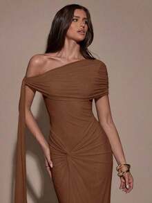 Vestido elegante de mujer con diseño de torsión asimétrica de unicolor y dobladillo de cola de pez ajustado - Marrón - Ver 5