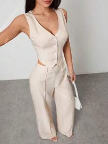 PETITE Conjunto de chaleco sin mangas con cuello abierto y pantalones informales - Albaricoque - Ver 8