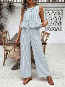 Conjunto casual de 2 piezas con blusa plisada de unicolor y pantalones de pierna ancha para mujer - Celeste - Ver 5