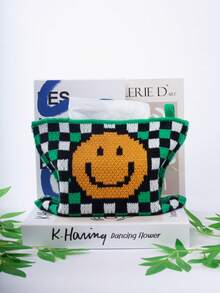 1pc Plaid Woven Tissue Box Cover, Vintage Geometric Pattern With Smiling Face Jacquard Knit, Fits Standard Tissue Boxes - Multicolor - View 4