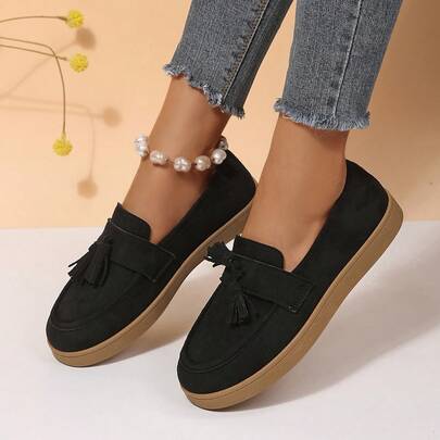 Mocasines casuales de punta redonda plana, zapatos tipo lazo de estilo escolar preppy para uso casual/oficina con cierre de slip-on