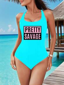 Pretty Saxage Pink Text One Piece Tankini Swimsuit For Woman Tummy Control Shaping Swimsuit, Large Round Neck, Full Coverage Swimsuit Elegant Summer Outfits For Girls Pool Essentials Cruise Outfit For Women Swimwear - Xanh da trời - Xem 2