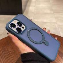 1pc Blue Matte Transparent Silicone Phone Case With Invisible Ring Holder, Suitable For IPhone 16 15 14 13 12 11 Pro Plus Max, Wireless Charging, Glass Lens Cover, Waterproof Shockproof Anti-Scratch - Navy Blue - View 3