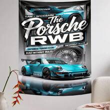 1pc Bosozoku RWB Wide Body Modification Version Tapestry, Japanese JDM Icon "No Rules Build" Design, Blue & Green Sports Car Print With "RAW * WIDEBARV" And "The Porsche RWB" Text, Street Racing Atmosphere Wall Hanging Suitable For Car Enthusiasts Bedroom & Living Room Decor - RWB - View 3