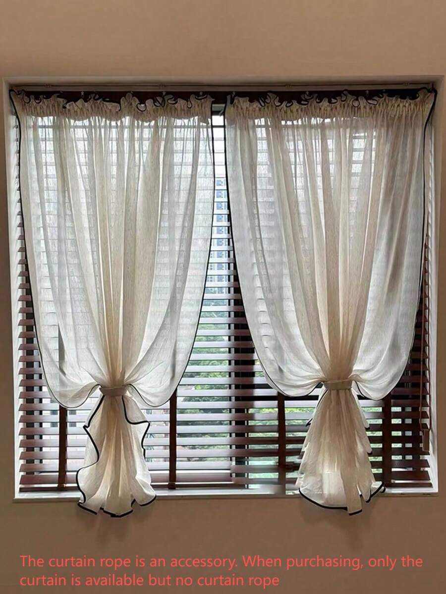 1pc Japanese Retro & Linen Color-Blocking Ruffled Hem Curtain, Semi-Sheer, Suitable For Living Room, Bedroom, Balcony, Multi-Scene Use - Beige - View 1