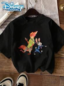 Disney Officially Licensed 100% Cotton T-Shirt, Unisex Short-Sleeve T-Shirt, Disney Zootopia - Judy Hopps Nick Wilde Pattern Print Women's T-Shirt, Casual Round Neck Short Sleeve Shirt, Suitable For Daily Wear - 黑色 - 查看 6