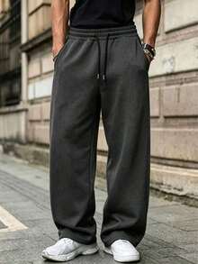 Pantalón de chándal de pierna recta de unicolor, adecuado para todas las estaciones, corte holgado, unisex, estilo casual de calle y cómodo, pantalón de chándal para hacer ejercicio, para ir y venir - Gris Oscuro - Ver 1