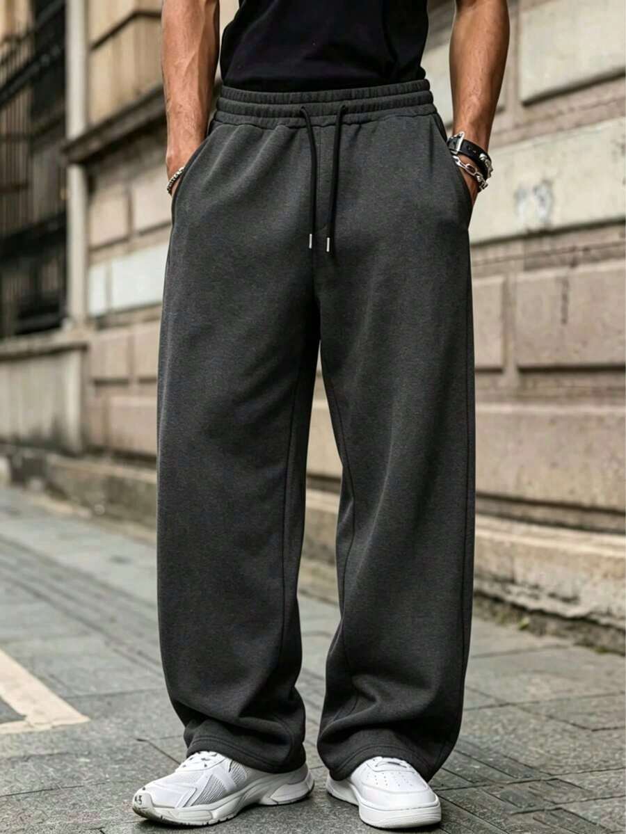 Pantalón de chándal de pierna recta de unicolor, adecuado para todas las estaciones, corte holgado, unisex, estilo casual de calle y cómodo, pantalón de chándal para hacer ejercicio, para ir y venir - Gris Oscuro - Ver 1