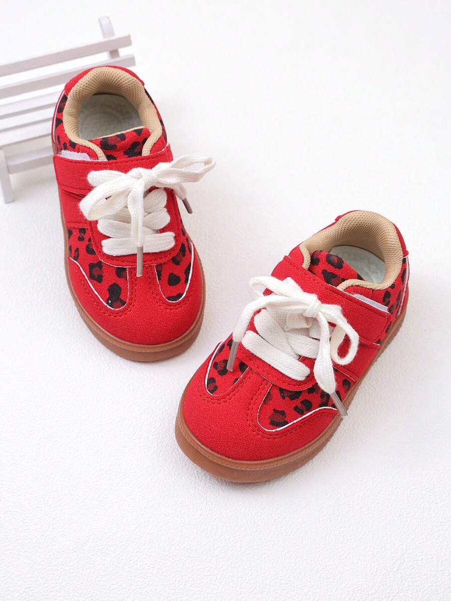 1 par de zapatos deportivos de moda rojos para niños, zapatos de niña con estampado de leopardo, ligeros y cómodos con suela blanda, adecuados para actividades escolares, viajes, deportes al aire libre, uso diario y reuniones casuales - Rojo - Ver 1