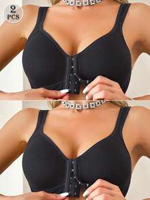 2pcs Wire-Free Front-Closure Bra - With Fixed Padding - Designed For C-E Cups | Natural Shape - Black - View 1