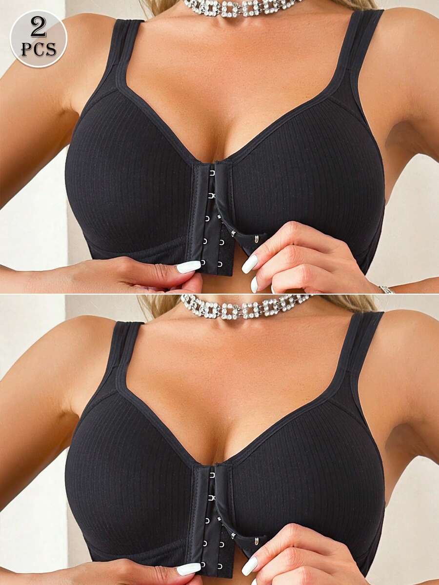 2pcs Wire-Free Front-Closure Bra - With Fixed Padding - Designed For C-E Cups | Natural Shape - Black - View 1