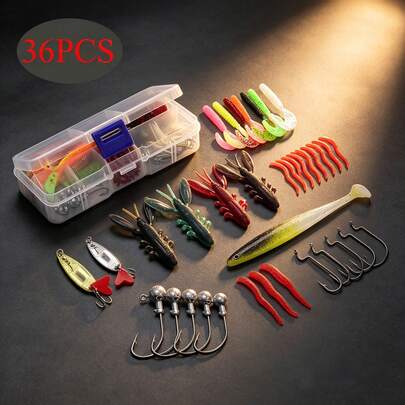 36/10pcs Fishing Lure Set With Tackle Box, Soft Bait Worms, Crawfish Lures, Jig Heads And Spoon Lures, Suitable For Bass And Trout Fishing
