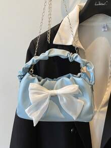 時尚百褶新月形手提包，休閒雲朵造型包配絲巾蝴蝶結裝飾，金屬鏈條肩帶，女款雲朵造型單肩斜背包 - 藍色 - 查看 6