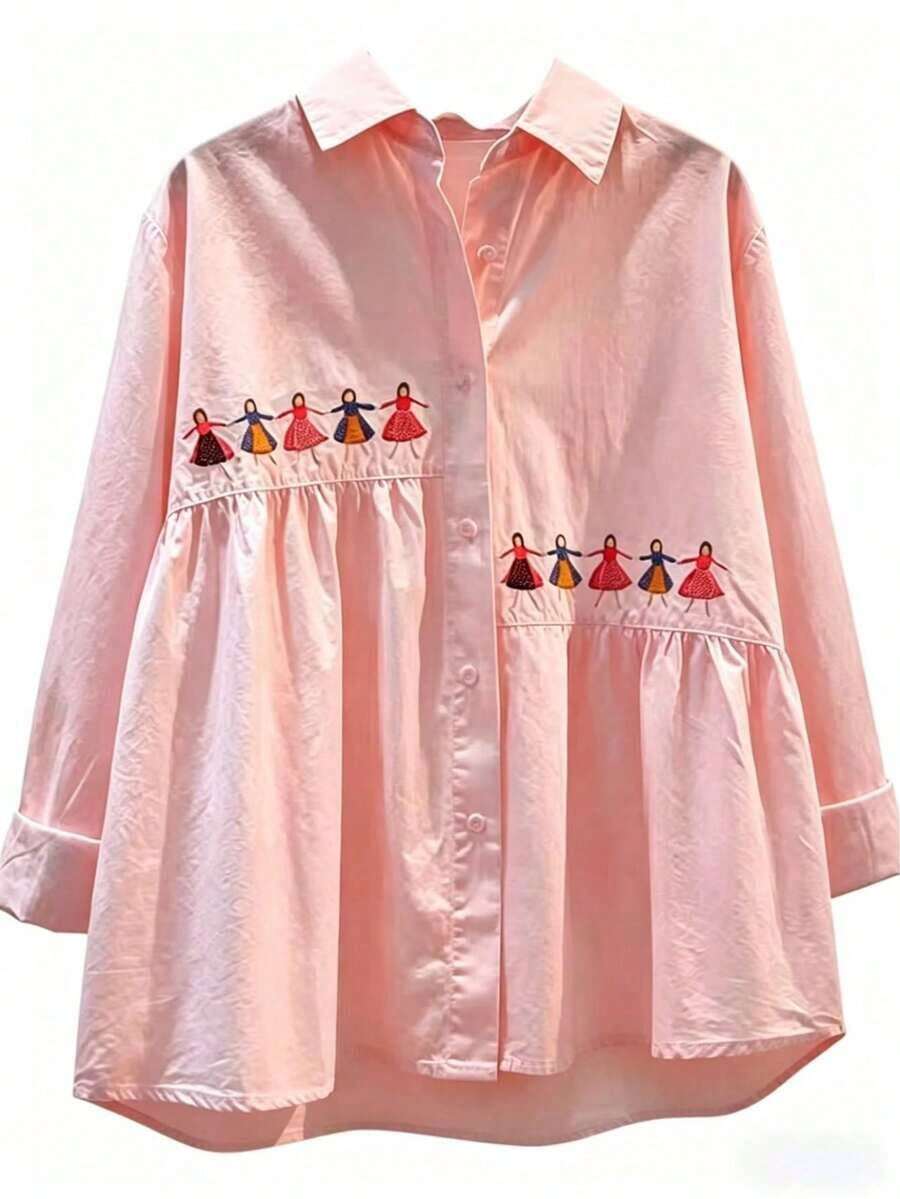 Camisa de mujer de manga larga versátil de unicolor con bordado, para primavera - Rojo del Oeste - Ver 1