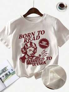 1 pieza Camiseta Gráfica para Mujer "Nacida para Leer, Obligada a Trabajar" - Camiseta con Diseño Vintage para Amantes de los Libros - Ilustración Retro de Mujer, Cuello Redondo Suave y Elástico - Top Casual de Manga Corta, Ropa Casual, Lavable - Ropa de Trabajo de Ajuste Cómodo, Sudadera de Estilo Minimalista, 180g Algodón 100% - Negro - Ver 5